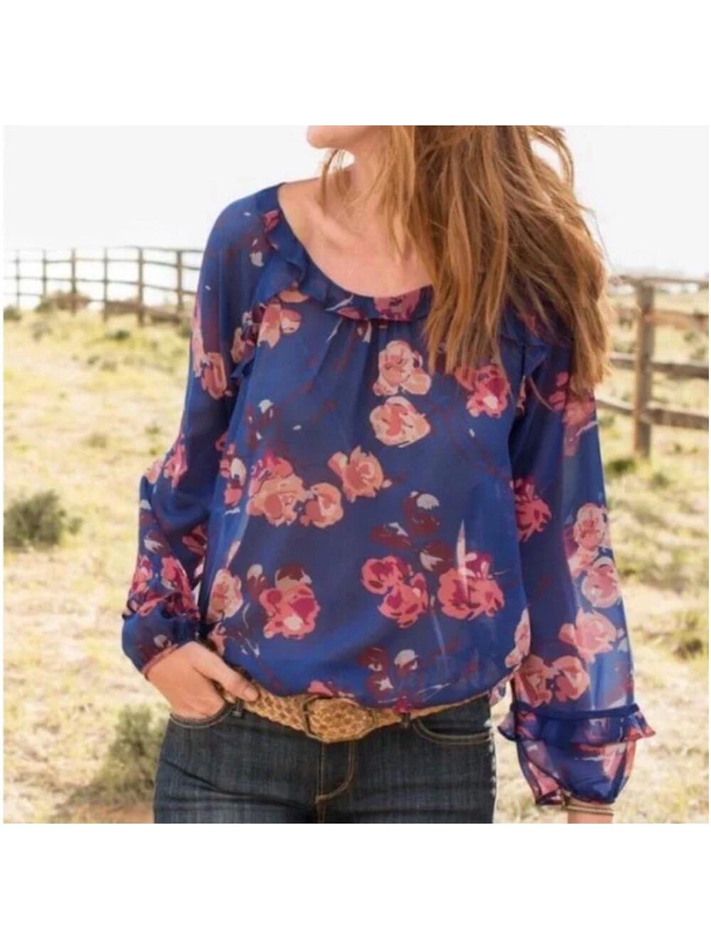 Sundance Womens Floral 100% Silk Boho Hippie Top Blouse Small River Blossom Blue